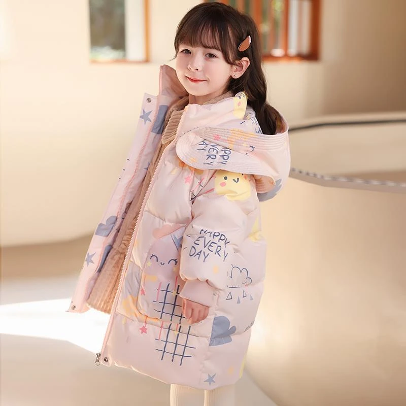 女童儿童中长款羽绒服2025冬季新款女孩宝宝韩版宽松洋气连帽外套