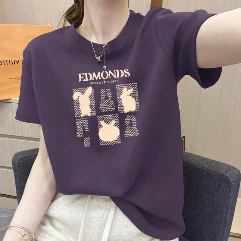 夏季新款常规正肩短袖t恤女韩系时尚休闲打底衫上衣ins紫色