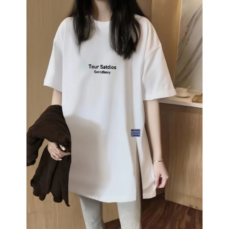 正肩2025新款纯棉圆领短袖t恤女中长款小众开叉大码打底衫上衣ins