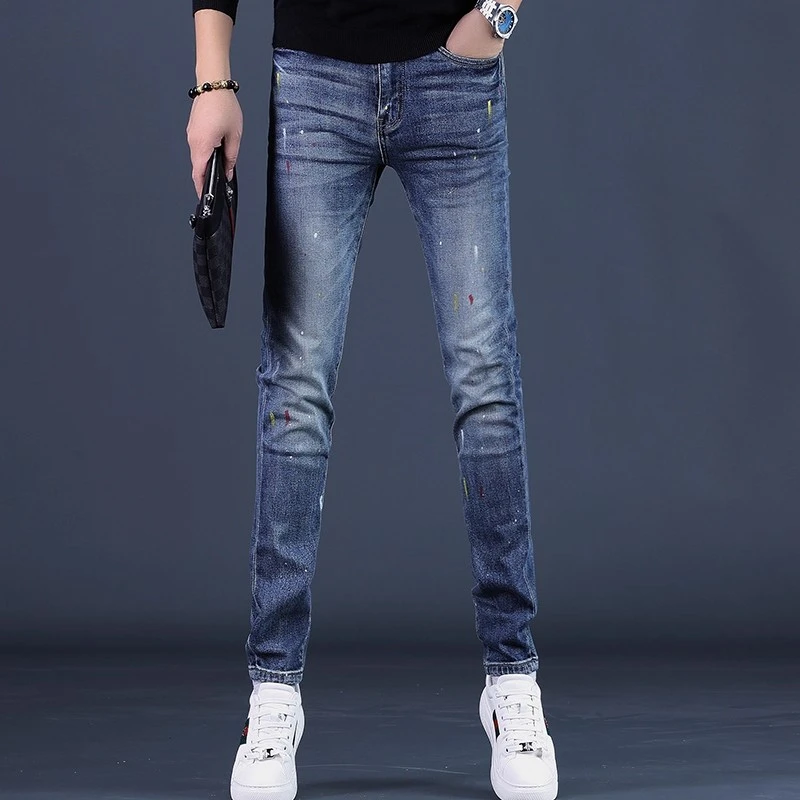 One What秋季新款高端蓝色牛仔裤印花潮牌修身小脚潮弹力男士长裤