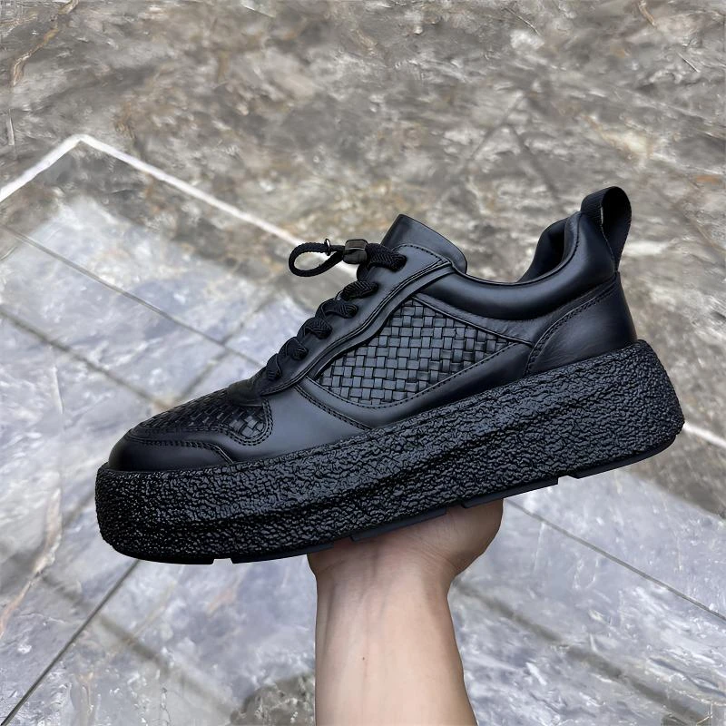 欧货男鞋2025年秋季新款男士板鞋编织牛皮潮流时尚增高厚底休闲鞋