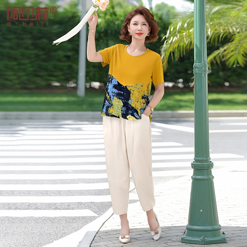 气质妈妈夏装高档棉麻套装时尚印花T恤中老年女装宽松休闲两件套
