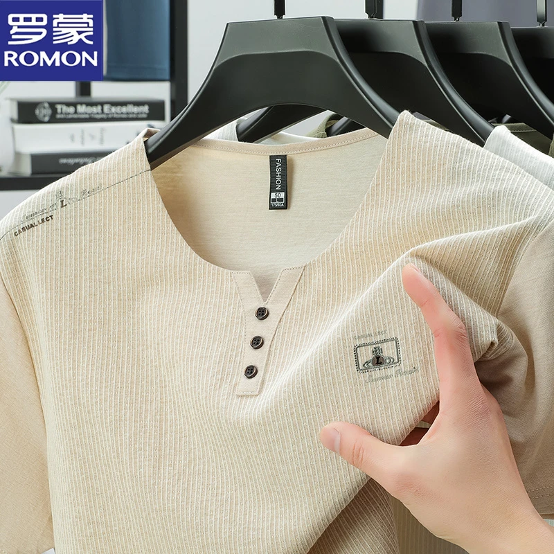 罗蒙新款夏季男士短袖鸡心领T恤薄款宽松休闲商务V领体恤半袖上衣