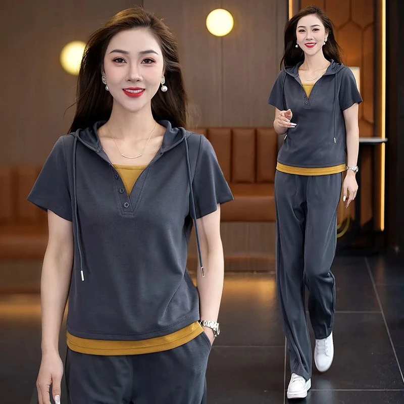 休闲运动服套装女2025夏季新款时尚减龄两件上衣显瘦筒裤两件套