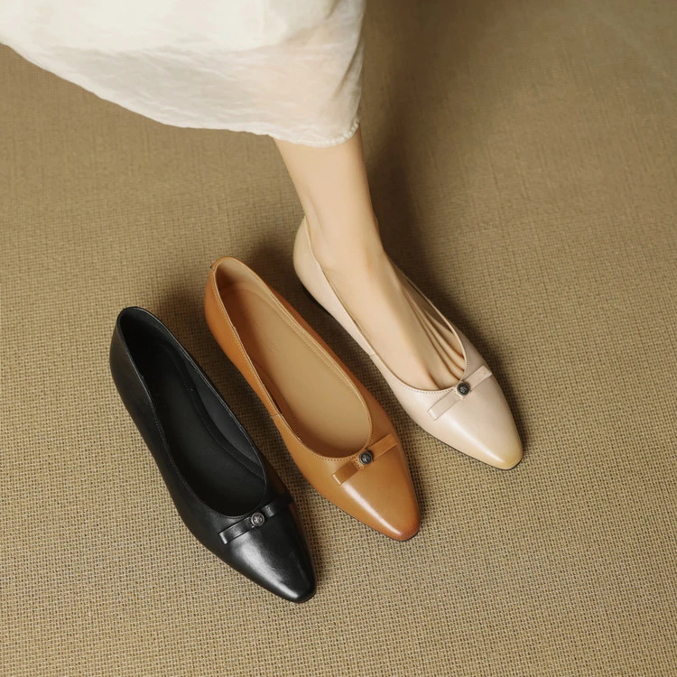 【跟高2CM】牛羊羊/时尚百搭蝴蝶结浅口粗跟懒人鞋平底女单鞋