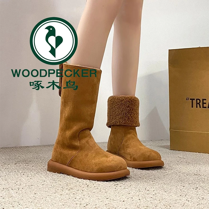 啄木鸟爆款翻毛纯皮两穿翻边平跟中筒靴冬2025加绒雪地靴保暖棉靴