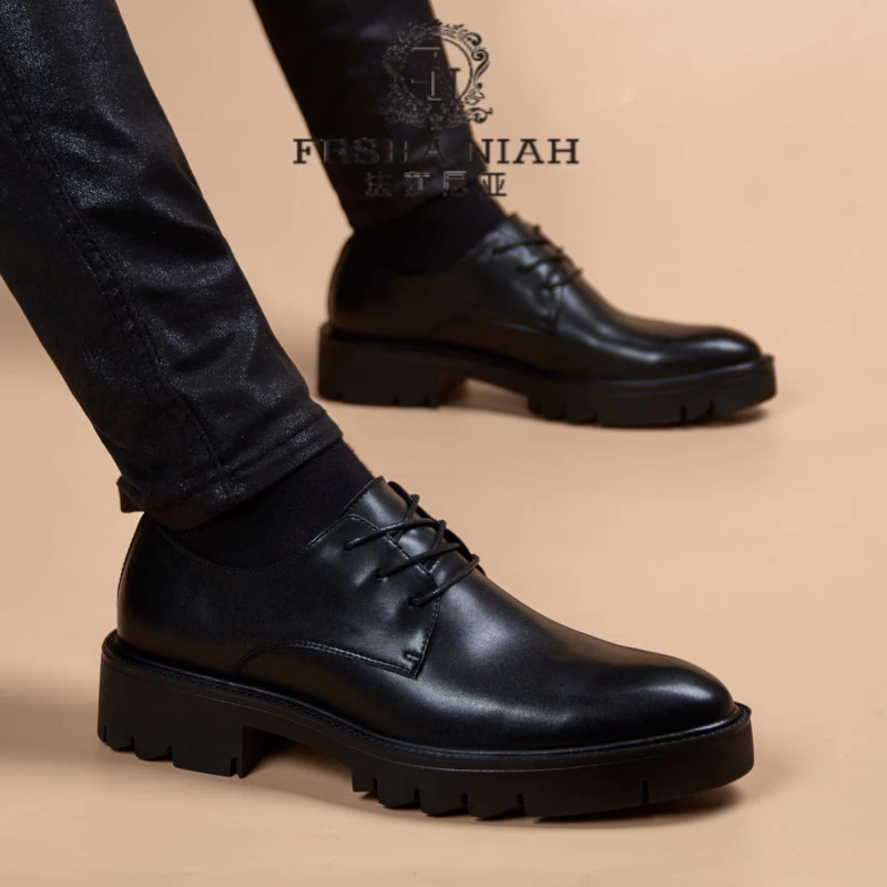 法莎尼亚男士皮鞋新款厚底韩版商务休闲青年复古英伦真皮内增高鞋