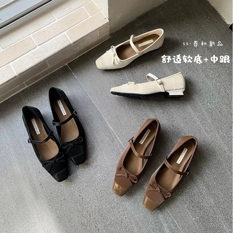 低跟棕色玛丽珍鞋女鞋2025年春秋新款仙女风蝴蝶结一字带单鞋女鞋