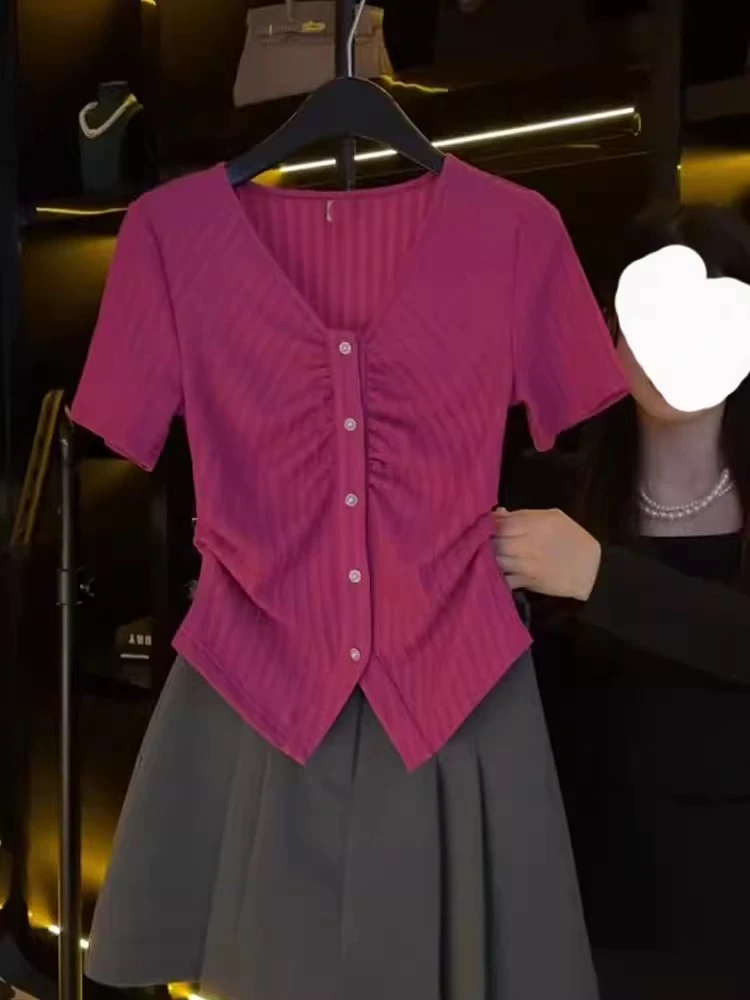 2025夏季新款火龙果色设计感褶皱收腰显瘦开叉时尚减龄上衣短袖女