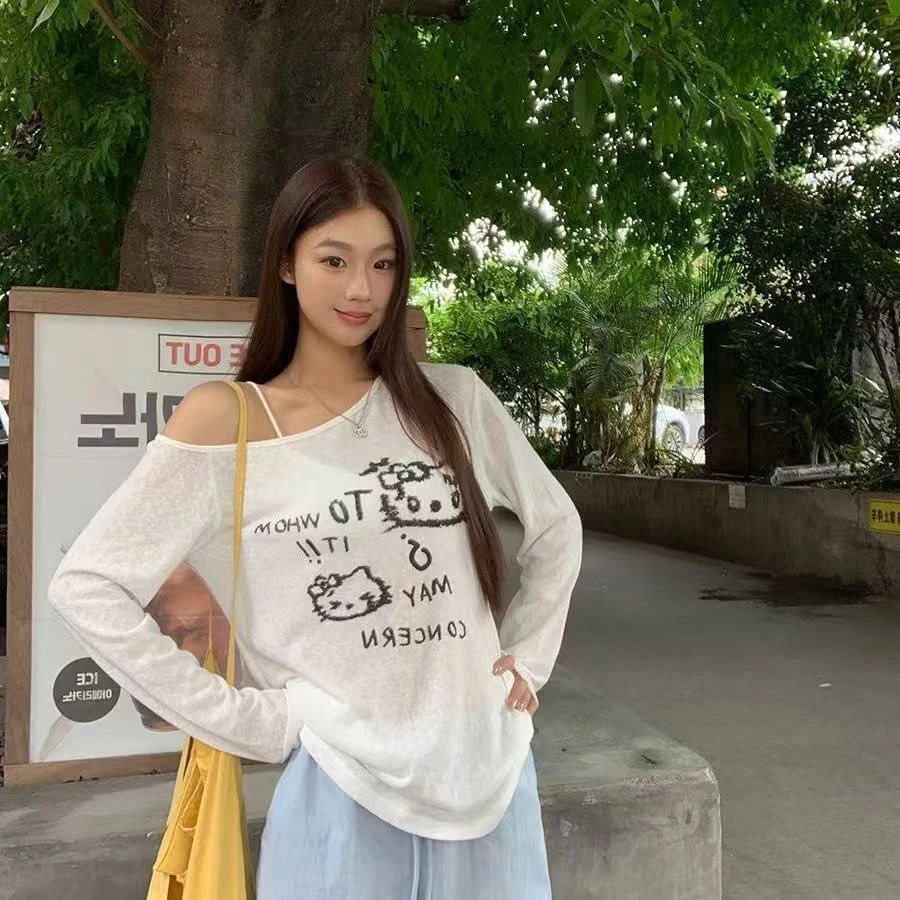 韩系趣味可爱kitty猫印花百搭长袖T恤夏季慵懒风宽松洋气衣服女