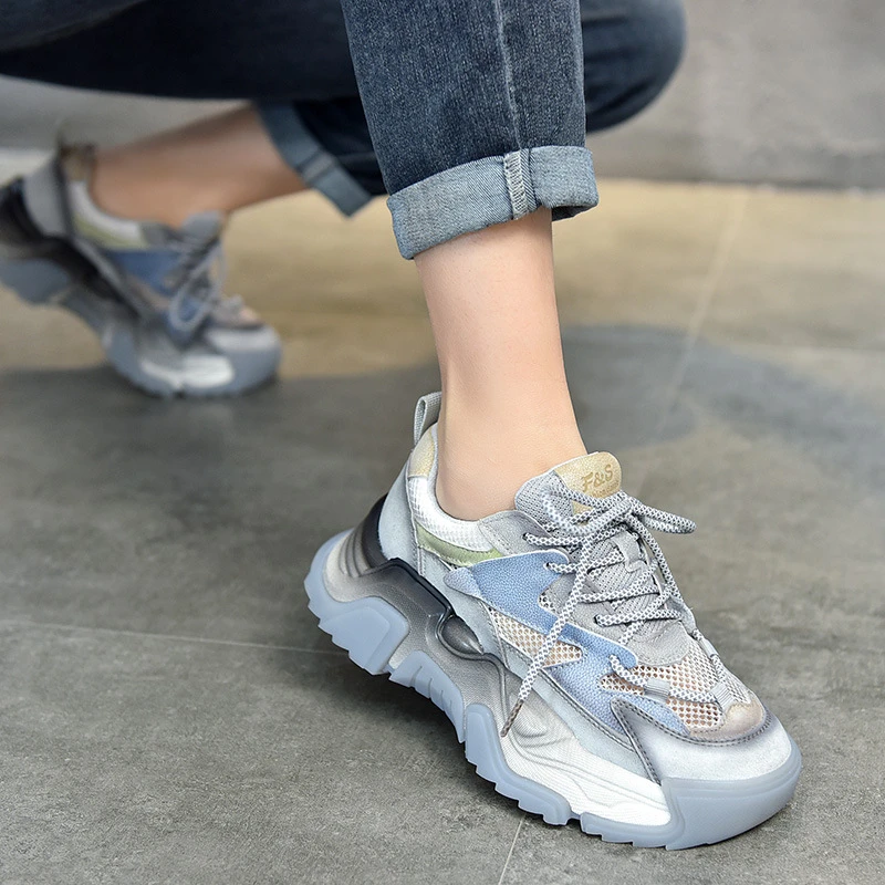 真皮百搭老爹鞋潮女2025春夏新款复古厚底拼色网面圆头休闲鞋网红