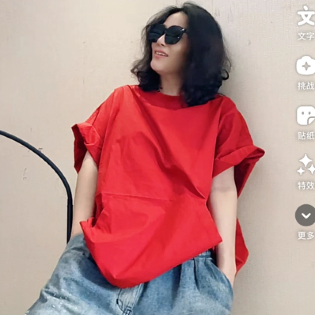 慵来风圆领宽松纯棉抽绳小衫