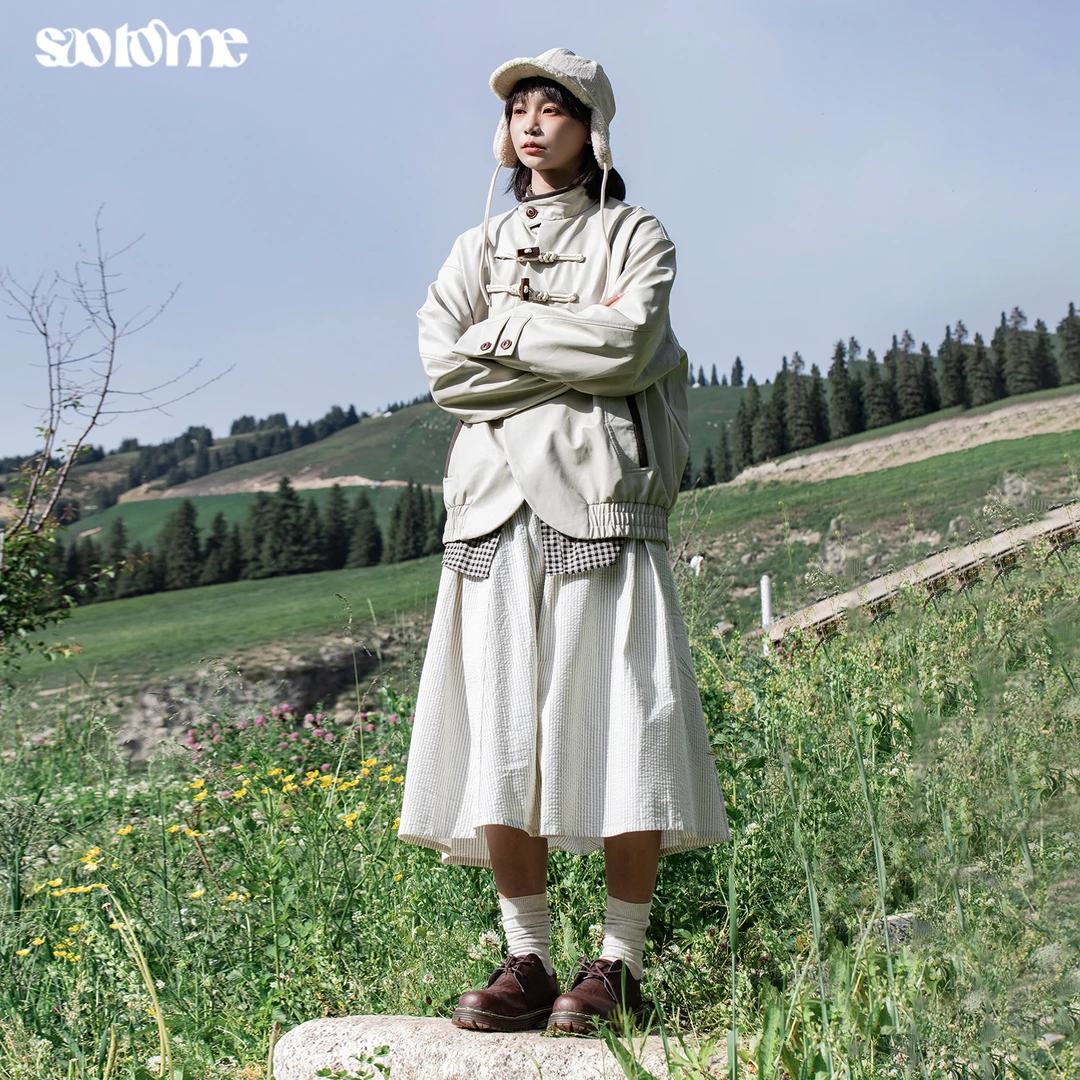 早乙女惠子saotome复古少女感泡泡纱肌理条纹半裙A字裙长裙秋3155