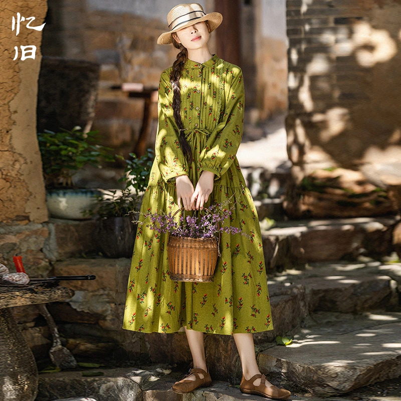清2239【茶歇】早秋连衣裙女长袖2025新款纯棉灯笼袖长裙碎花裙减龄