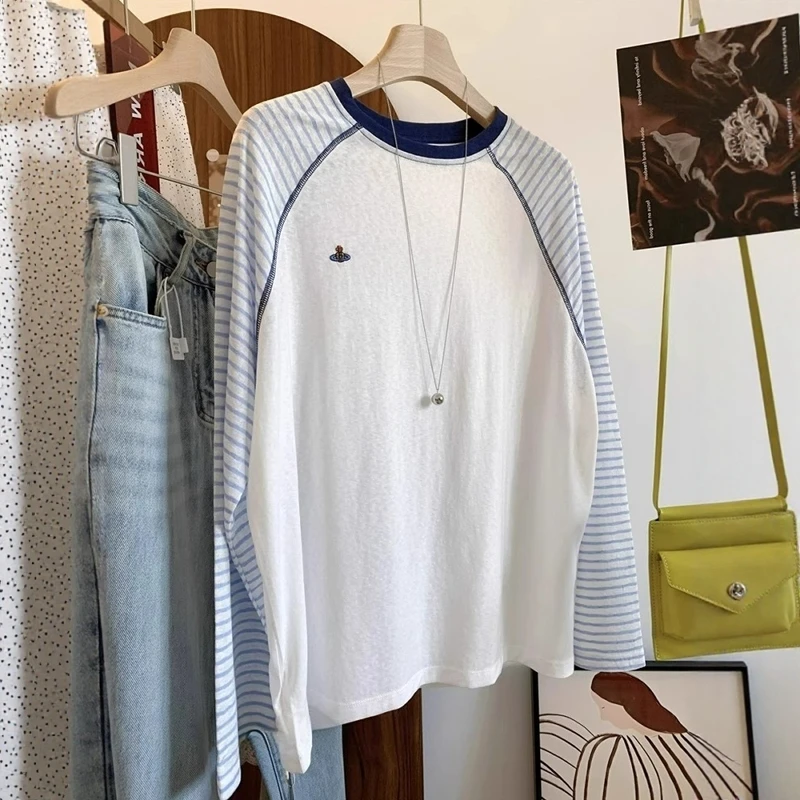 韩版刺绣条纹拼接插肩袖长袖t恤女夏薄款微透防晒罩衫宽松上衣