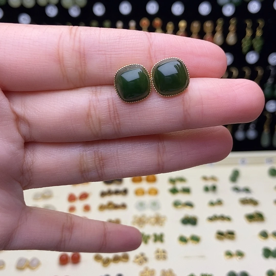 和田玉银S925镀金镶嵌耳饰