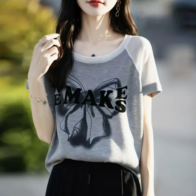 大码美式复古插肩袖字母印花短袖T恤女春夏季胖MM辣妹风短款上衣