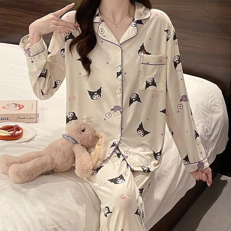 库洛米睡衣女春秋季针织棉长袖长裤2025新款夏天可爱家居服可外穿