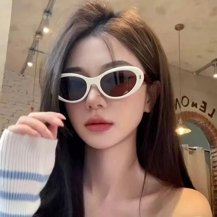 LCYY时尚复古猫眼椭圆墨镜女款米白框高级感防紫外线太阳眼镜防晒
