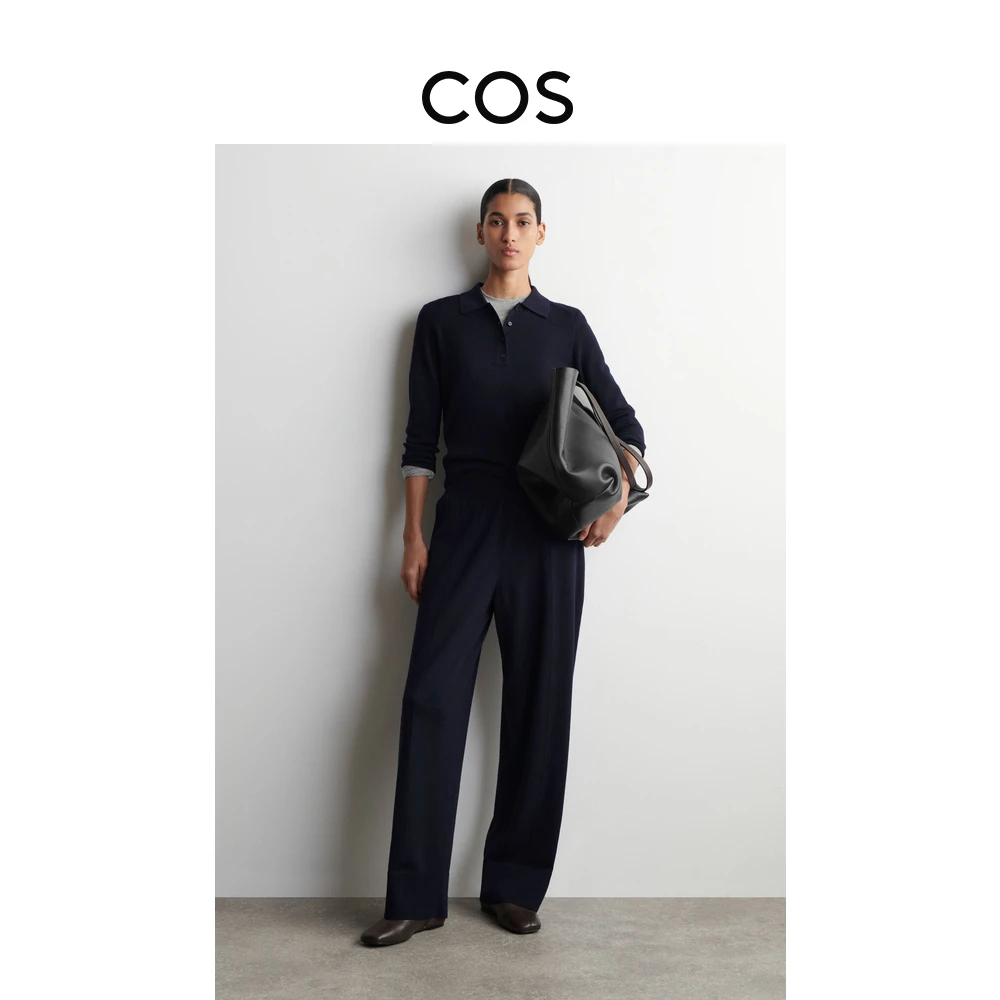 COS女装 标准版型羊毛桶形长裤藏青色2026春季新品1319335001