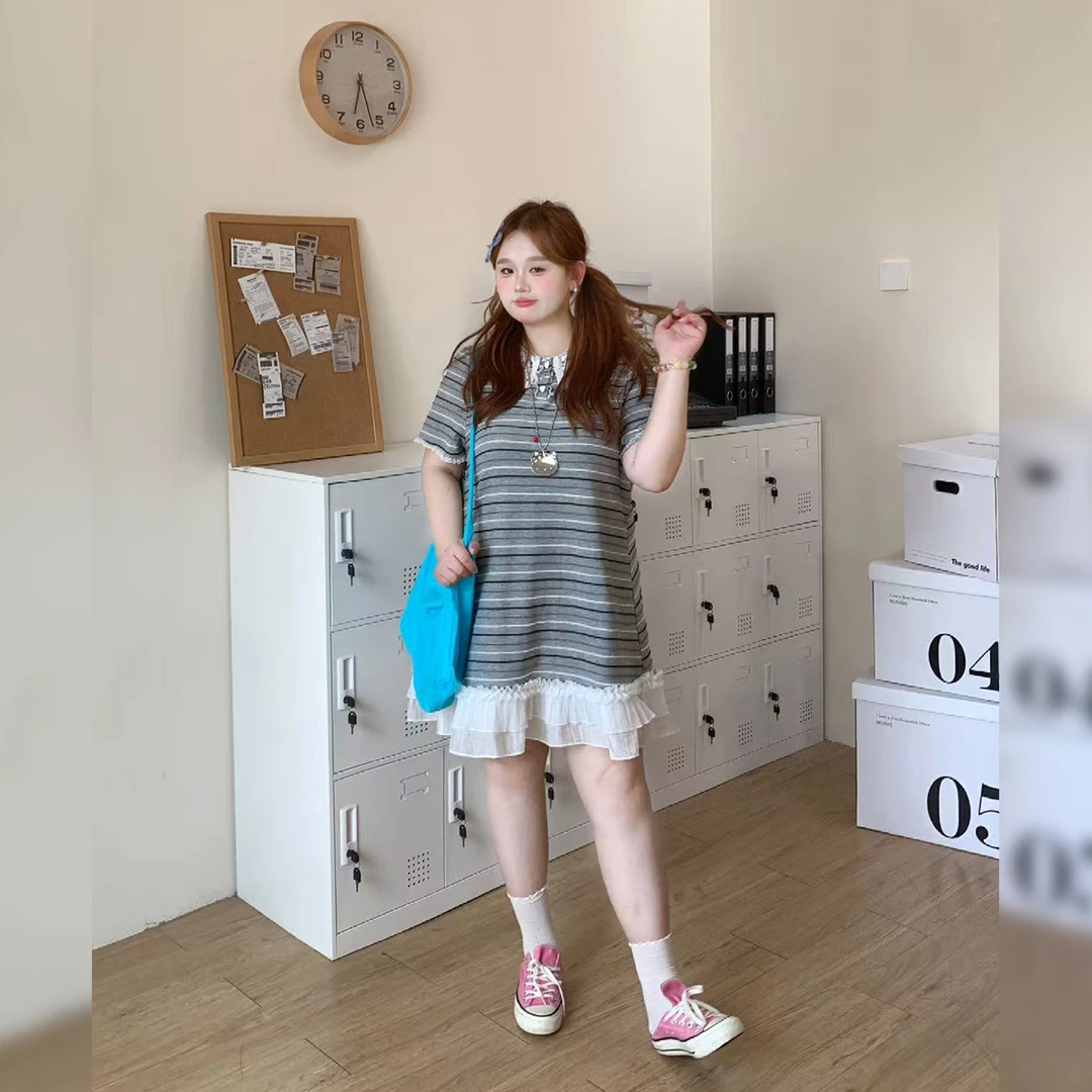 179徐达布【无眠诗香】大码针织连衣裙女微胖灰色条纹裙子L35990C52