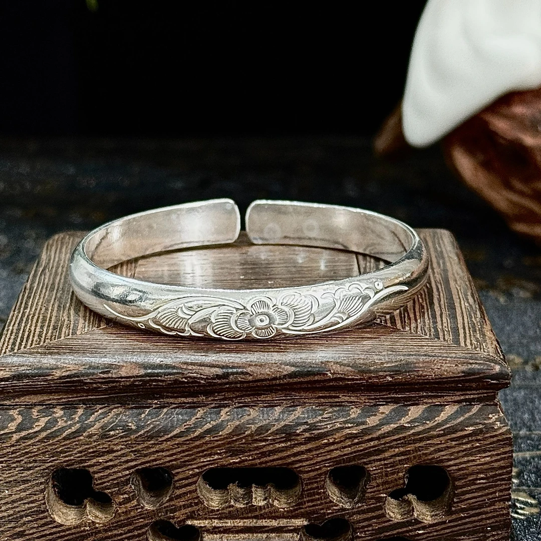 足银手镯 足银手工手镯 牡丹花开手镯