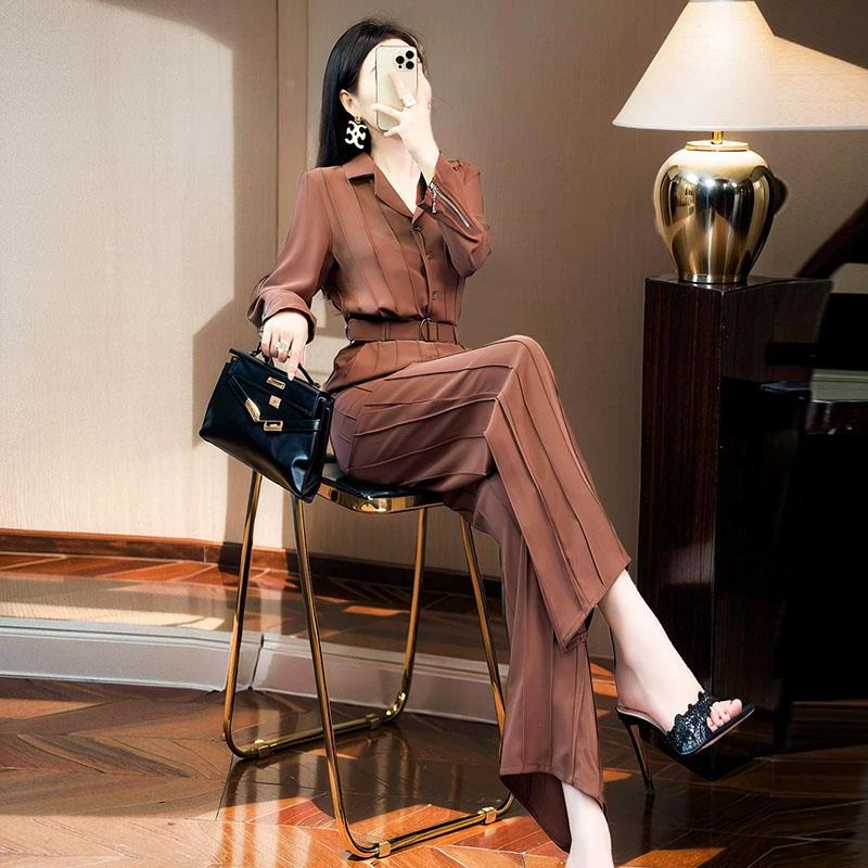 时尚通勤咖啡色衬衫阔腿裤套装两件套女