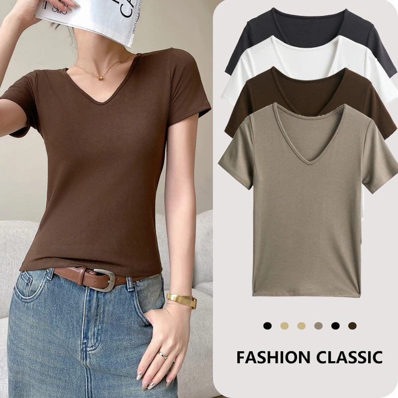 加厚莫代尔V领洋气新款短袖t恤女修身打底衫大码白色可外穿上衣