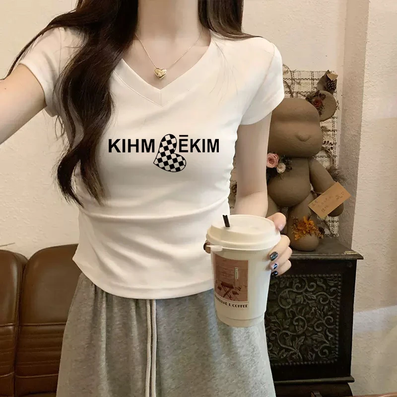 V领正肩短袖T恤女2025新款夏季短款辣妹修身韩版褶皱小众收腰上衣