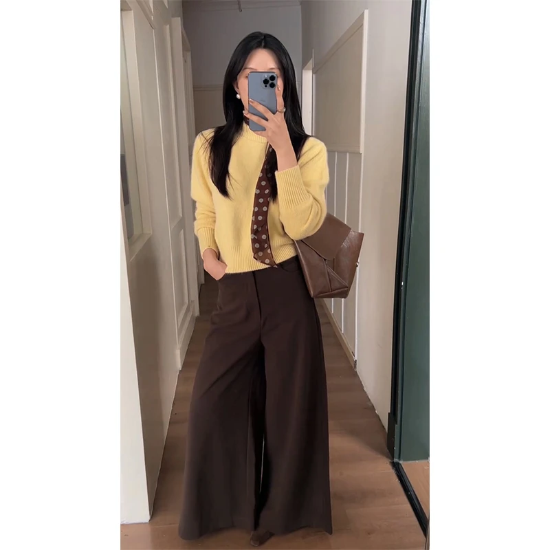 2025秋季新款法式气质圆领修身长袖毛衣上衣百搭高腰显瘦阔腿长裤