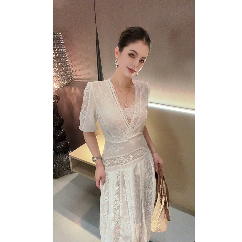 （特价短袖）V领蕾丝拼接短袖两件套连衣裙LYQ30506