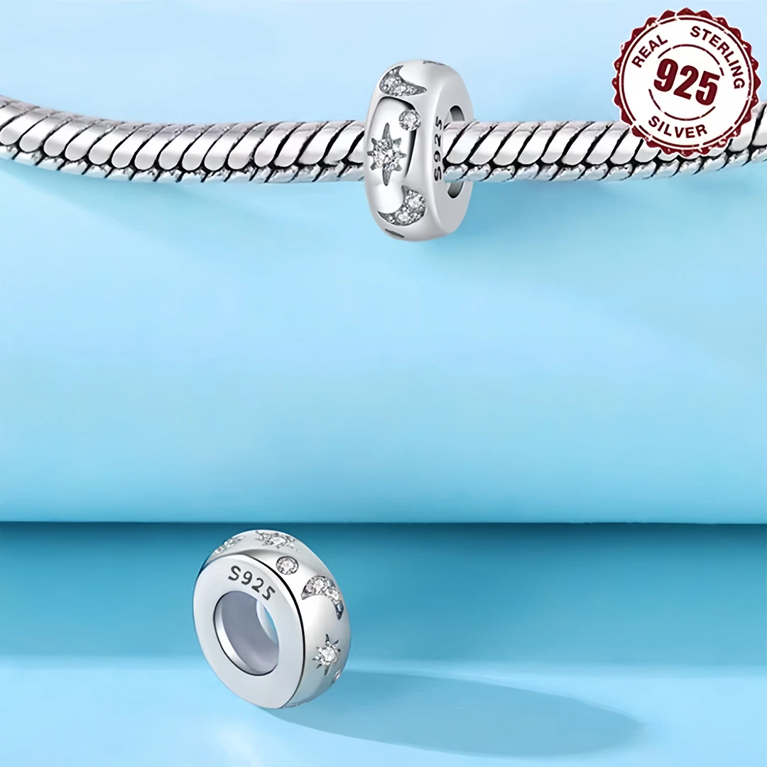 吊坠925银 S925纯银星月镶石胶塞隔离珠串珠DIY手链饰品配件女