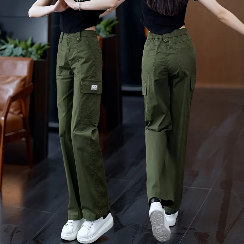 军绿工装裤女高腰显瘦直筒多口袋大码休闲裤春夏减龄百搭宽松裤子