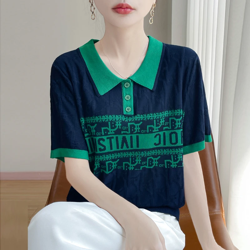 提花马车针织衫时尚毛针织衫翻领设计感拼接夏季上衣印花休闲撞色