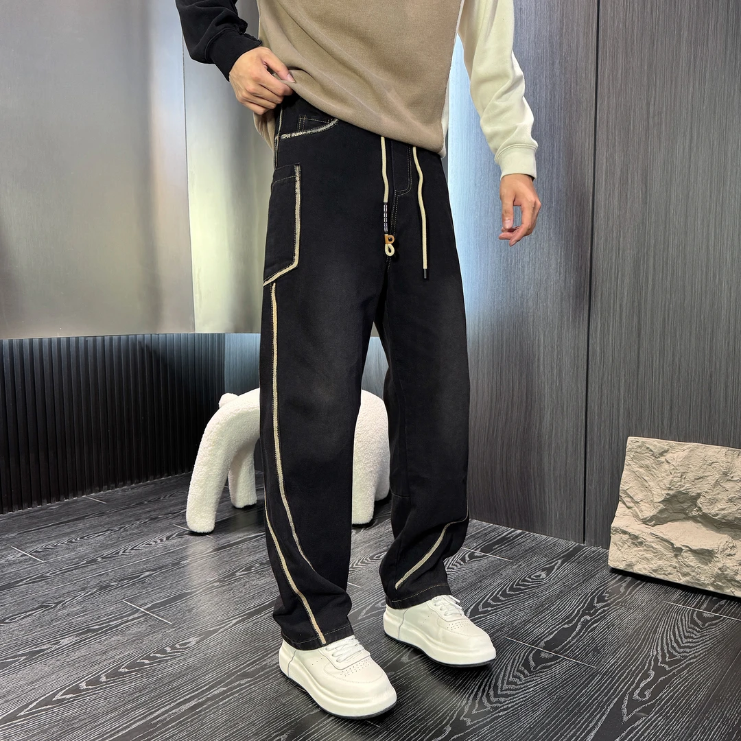 春秋新款痞帅牛仔裤男士时尚潮牌弯刀裤复古宽松直筒阔腿休闲长裤