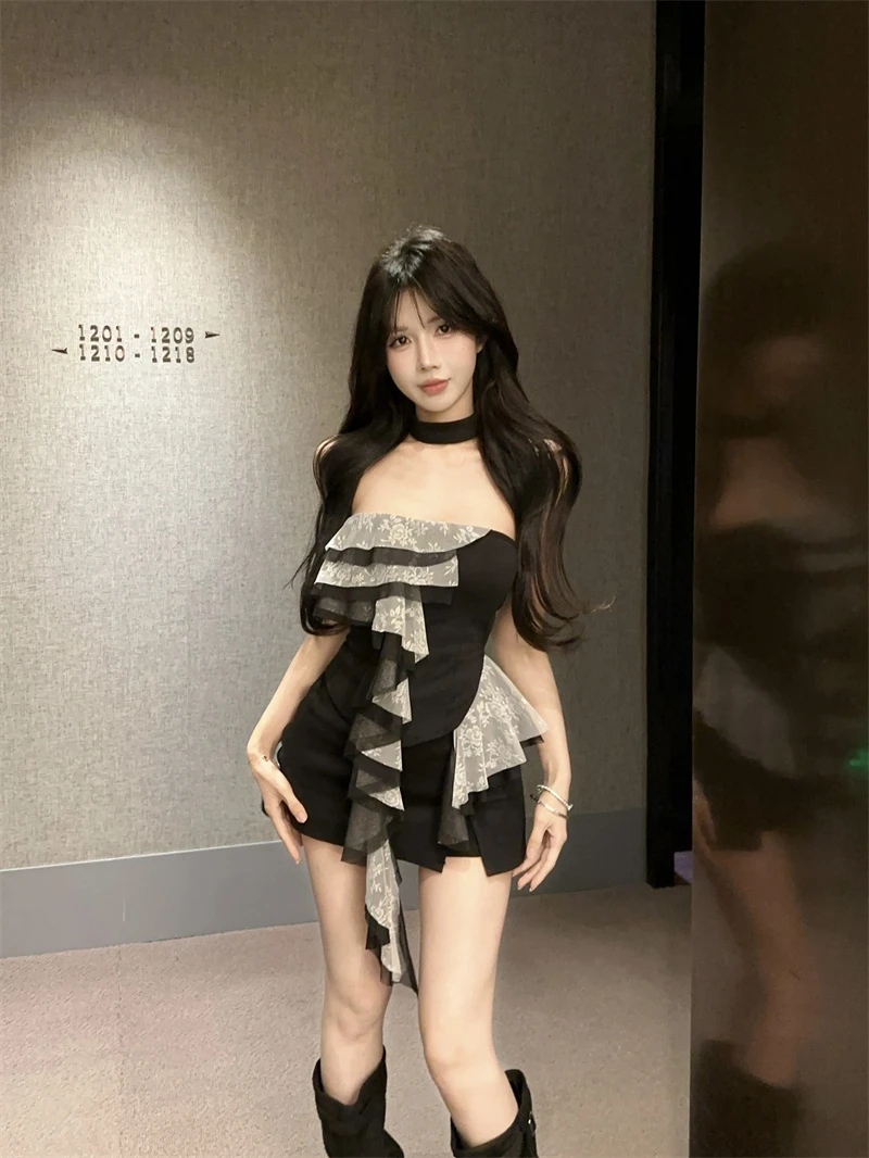 纯欲蕾丝拼接撞色别致抹胸背心新款韩系甜酷减龄修身显瘦短款上衣