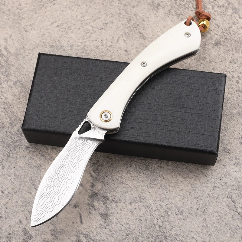 大马士革折叠水果刀牛骨柄天然材质锻打大马锋利网红露营装备