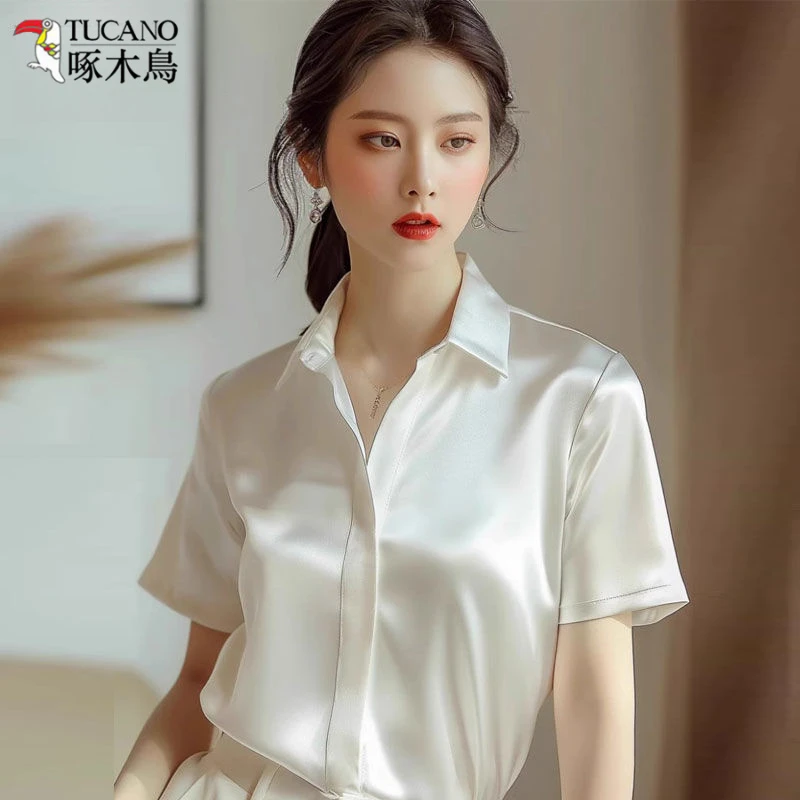 TUCANO/啄木鳥夏季法式短袖衬衫女气质职业面试通勤衬衣百搭上衣