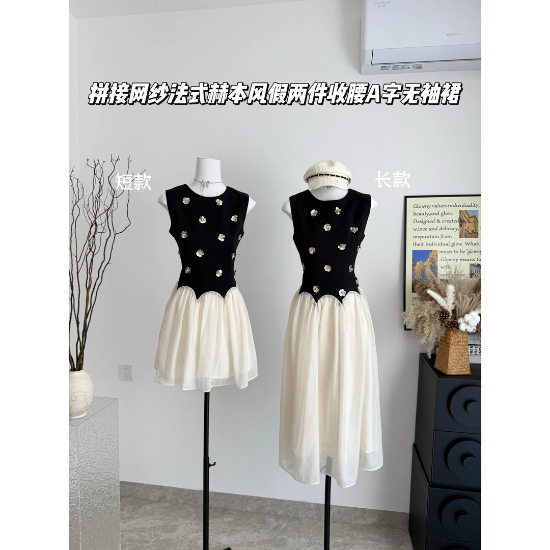 小众设计感拼接无袖连衣裙立体化礼裙