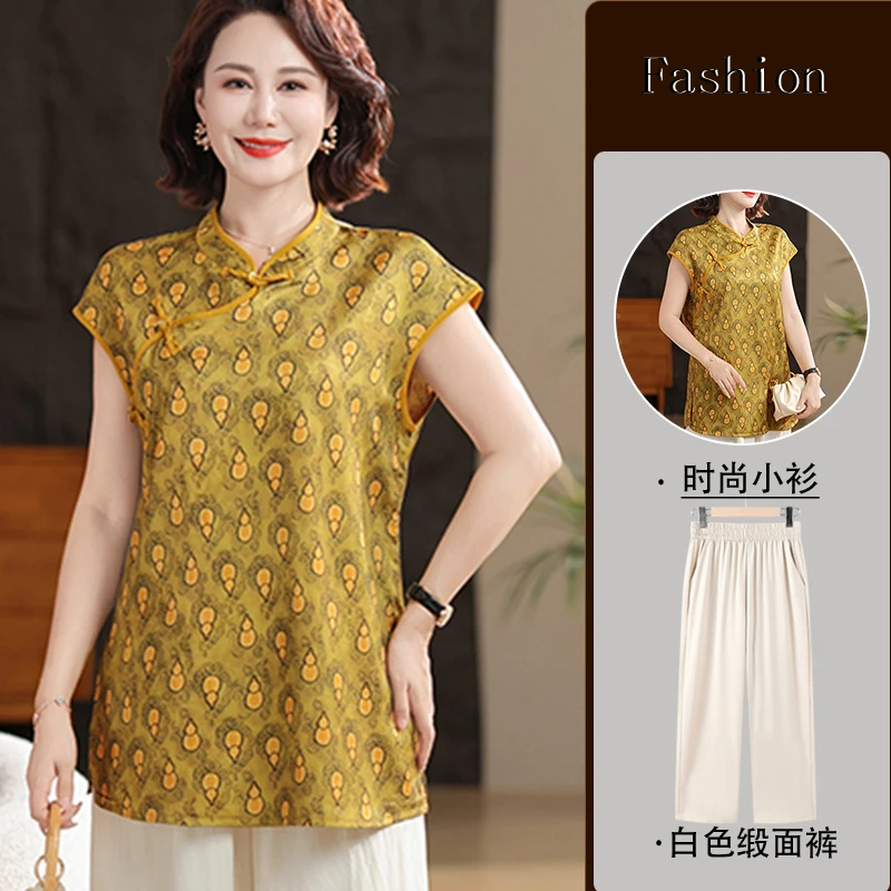 妈妈夏季洋气新中式短袖小衫40-50岁中老年女装时髦气质薄款上衣