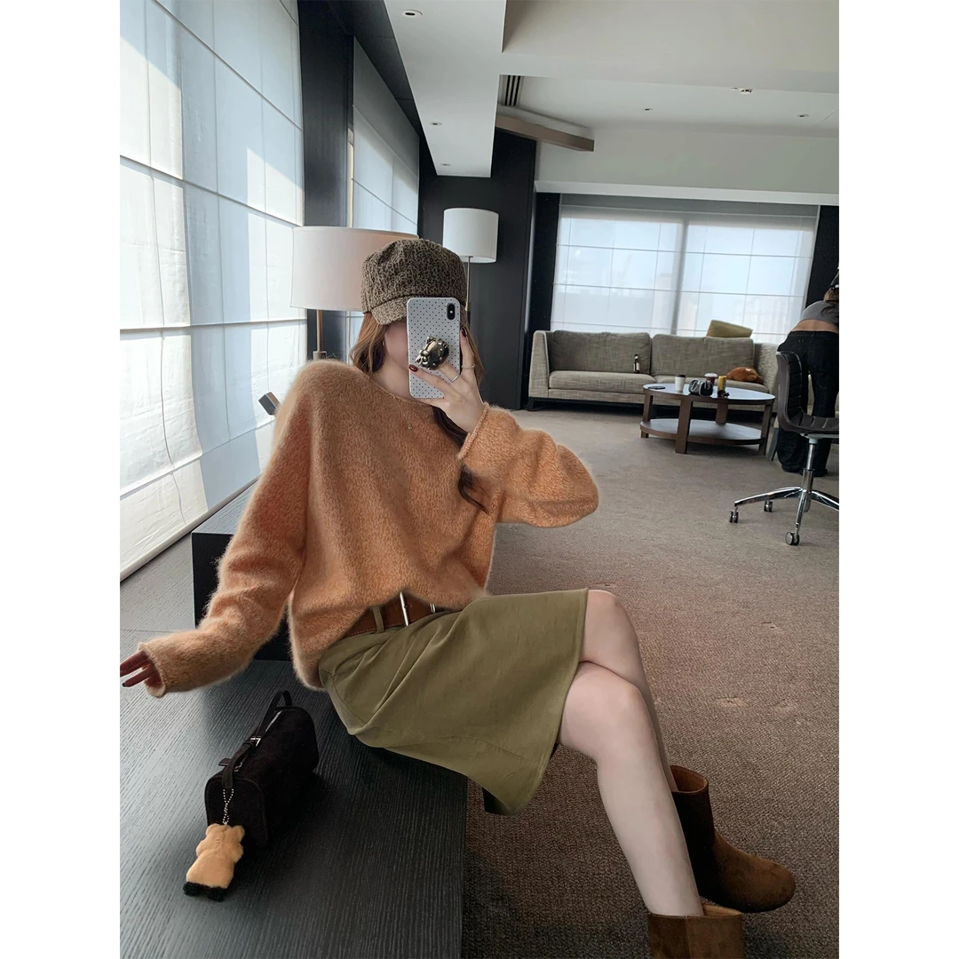 复古慵懒软糯橘色毛衣针织上衣包臀裙时尚半身裙小众裙子短裙半裙