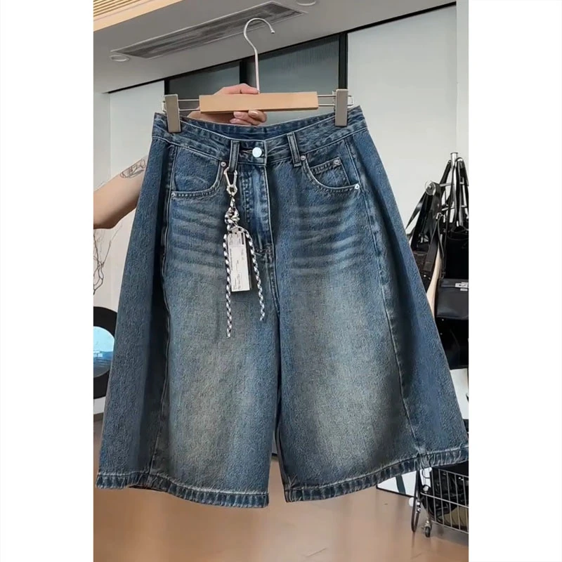 艾塔莉宽松时尚五分裤女夏季新款小众百搭牛仔裤显瘦美式阔腿短裤