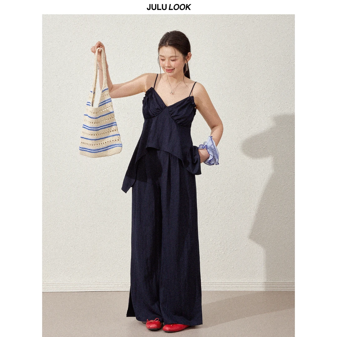 巨鹿工作室“伦敦回电”微胖mm韩系不规则吊带上衣阔腿裤大码套装