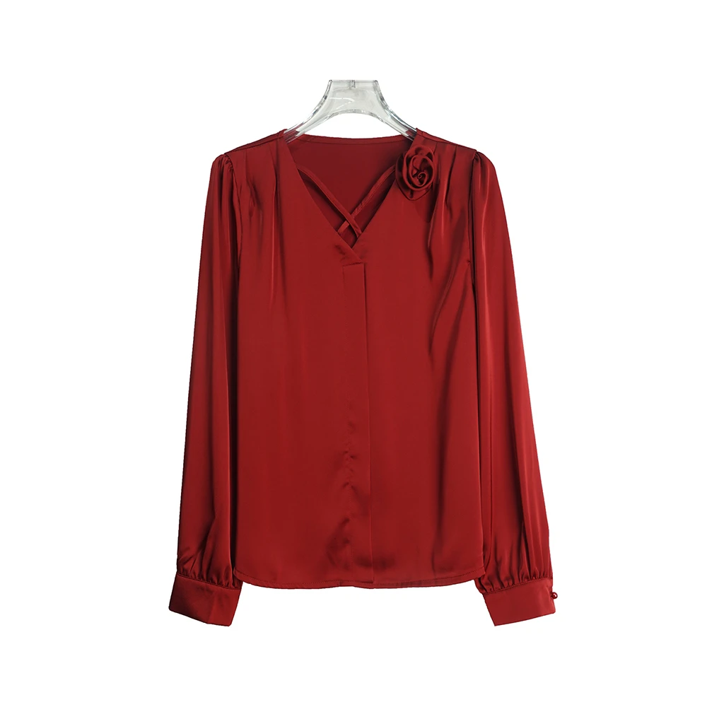 X26155复古轻熟风立体玫瑰花衬衫交叉V领法式上衣