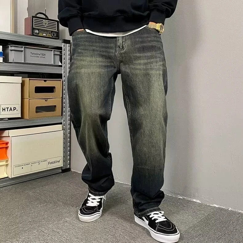 秋冬重磅水洗刺绣牛仔裤男生宽松美式复古大码做旧休闲直筒长裤潮