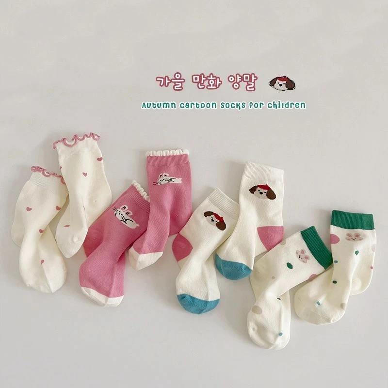 女童袜子春秋季棉袜儿童韩版可爱卡通花边袜秋天女孩甜美中筒袜秋
