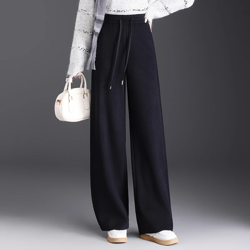 专柜正品冬季新款女士加厚保暖羊毛裤舒适亲肤百搭花边阔腿长裤