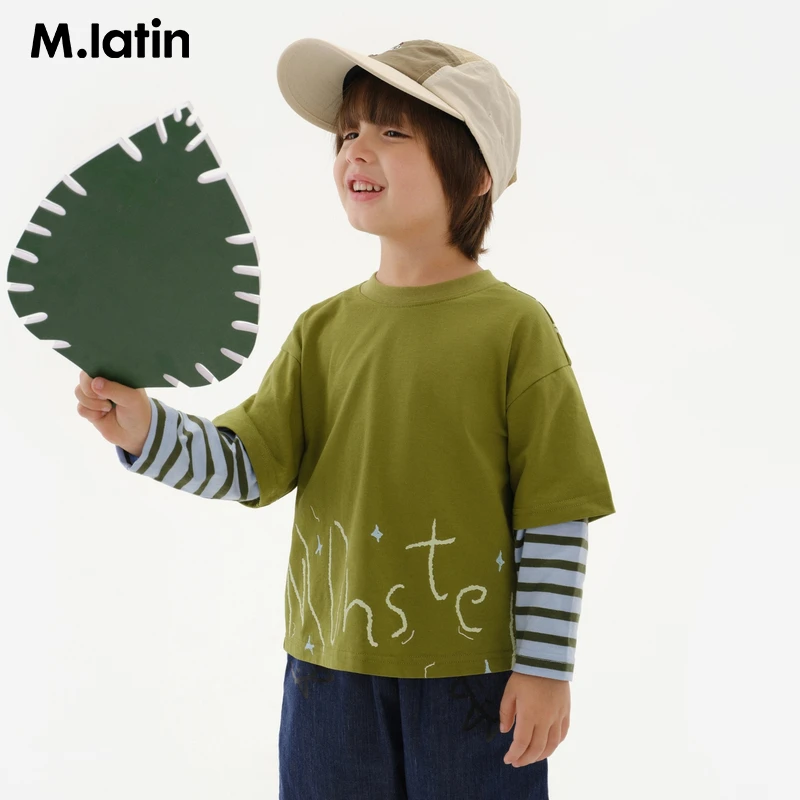 马拉丁童装儿童T恤25春装新款男小童后背线条满印假两件长袖T恤