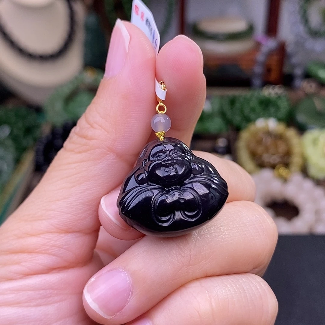 和田玉浓烟紫镯芯18.K金抱抱佛未镶嵌