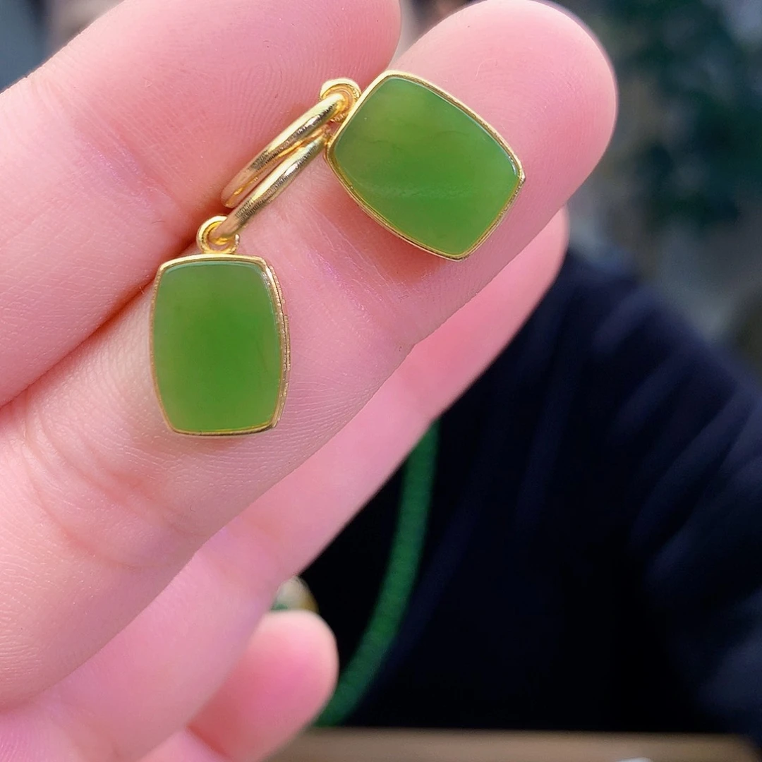 吊坠(不含链)银S925镶嵌和田玉（碧玉）耳钉